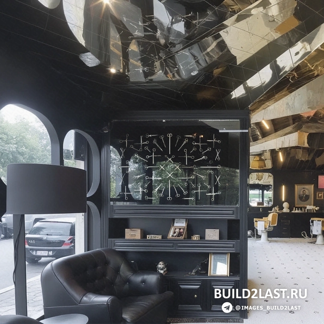 Черный, желтый и белый интерьер мужской парикмахерской в Мехико с зеркальными потолками, подвесными светильниками и барной стойкой.