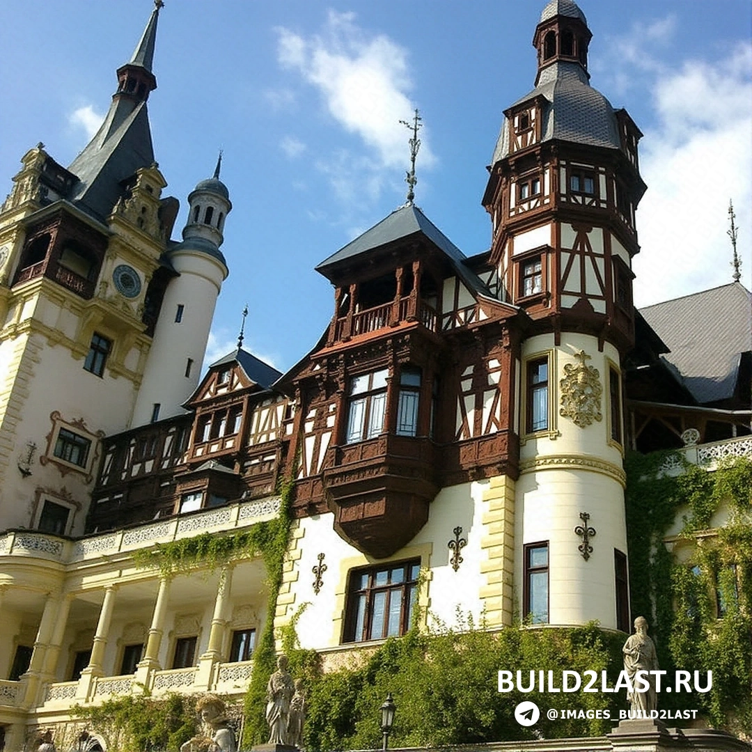 Фасад Замка Пелеш в Румынии с фахверковыми элементами, неоренессансный стиль, музей