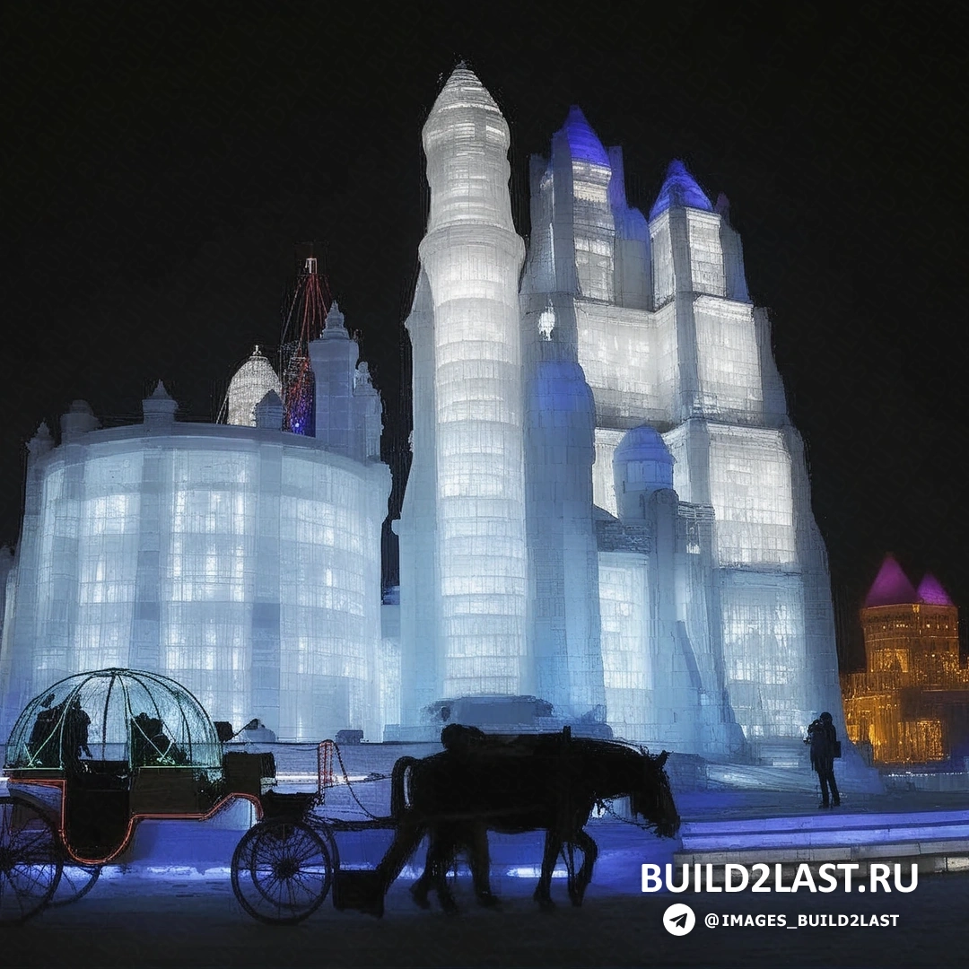 Группа людей на фоне огромной ледяной арки, освещенной разноцветными огнями.