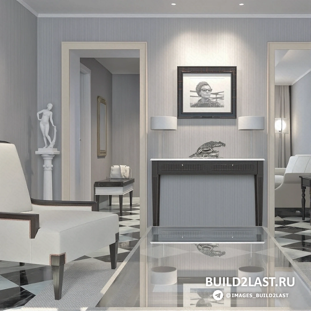 Изображение современного интерьера с серыми стенами и мебелью, акцент на минимализм и стиль.