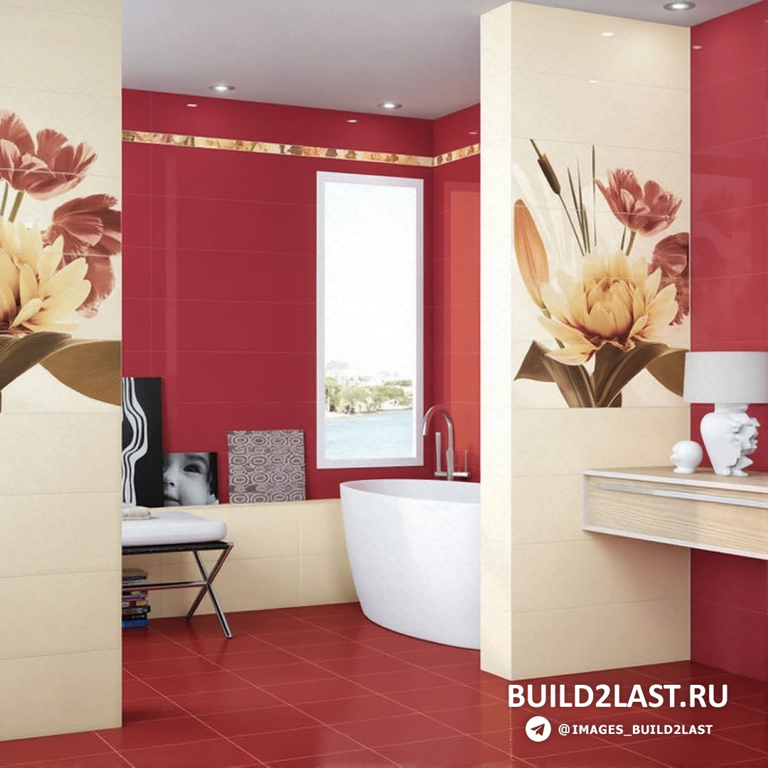 Керамическая плитка с ярким узором на стенах в санузле