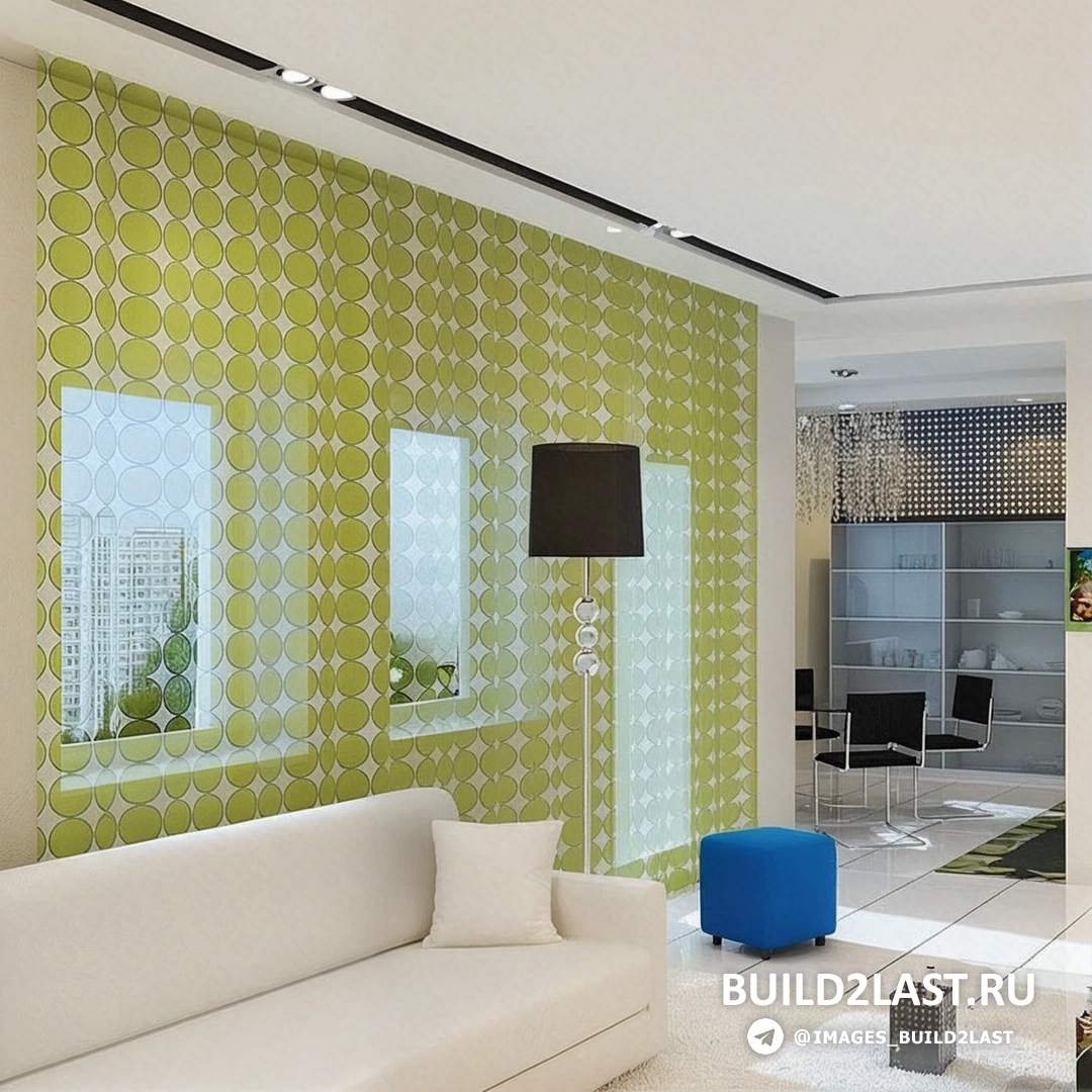 Кухня и гостиная с красным диваном, стульями и многоуровневыми потолками в стиле хай-тек.