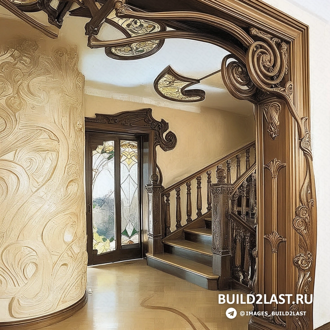 Кухня и столовая в стиле ар-нуво с темным деревом, кессонными потолками, витражами и камином, включая стильную мебель и стол.