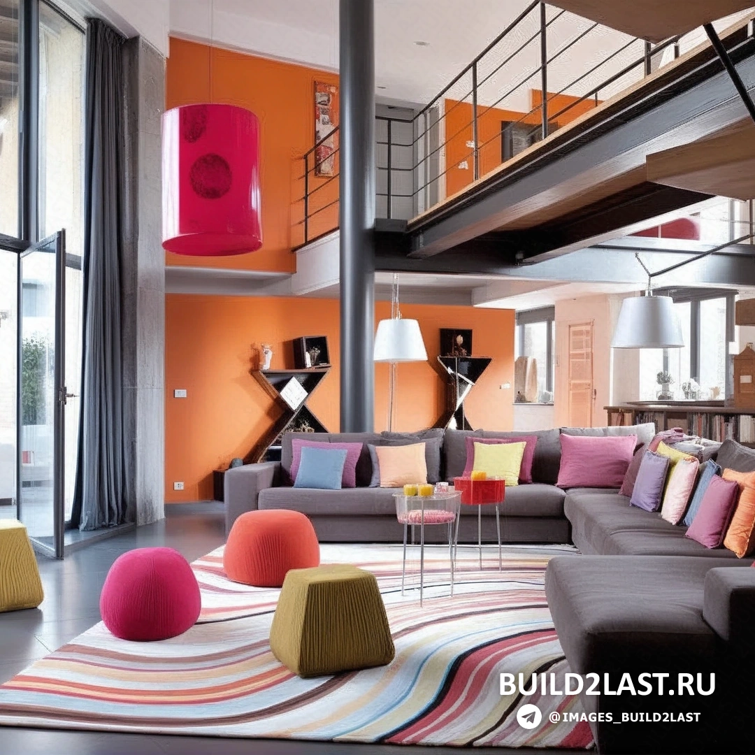 Кухня в кантри стиле с оранжевыми и голубыми акцентами, винтажными элементами и подвесными светильниками