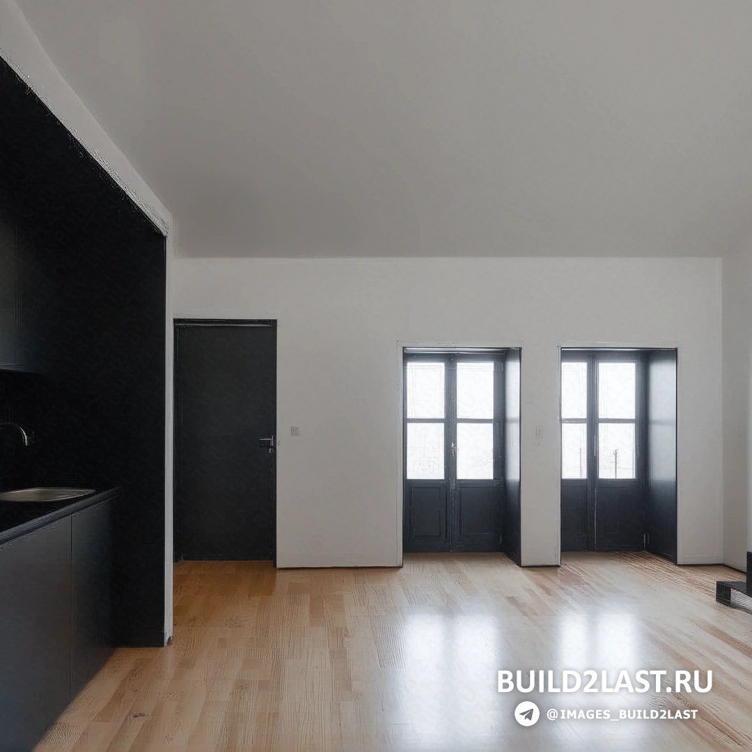 Кухонная мойка и мебель, дверные элементы, штукатурка, ламинат, черные и белые оттенки