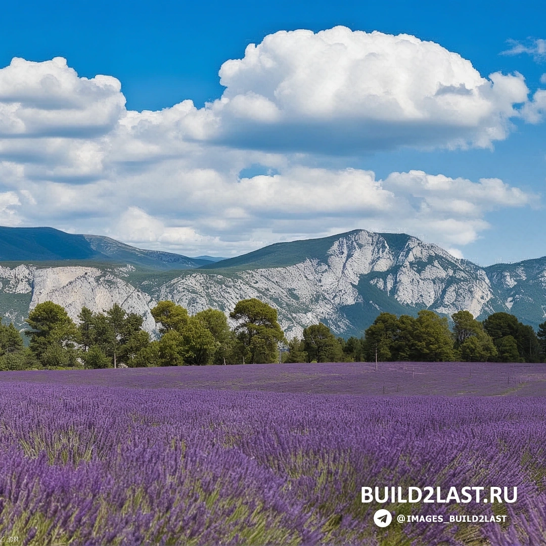 Лавандовое поле в Провансе в августе, с ярким сиреневым цветом и французскими достопримечательностями вдалеке