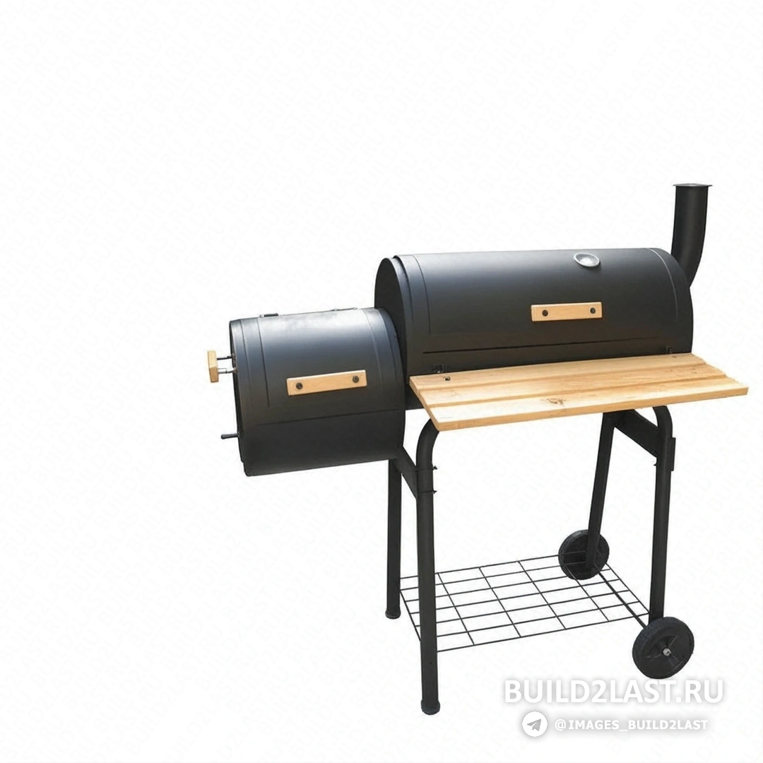 Металлический уличный гриль/барбекю на фоне нейтральных оттенков