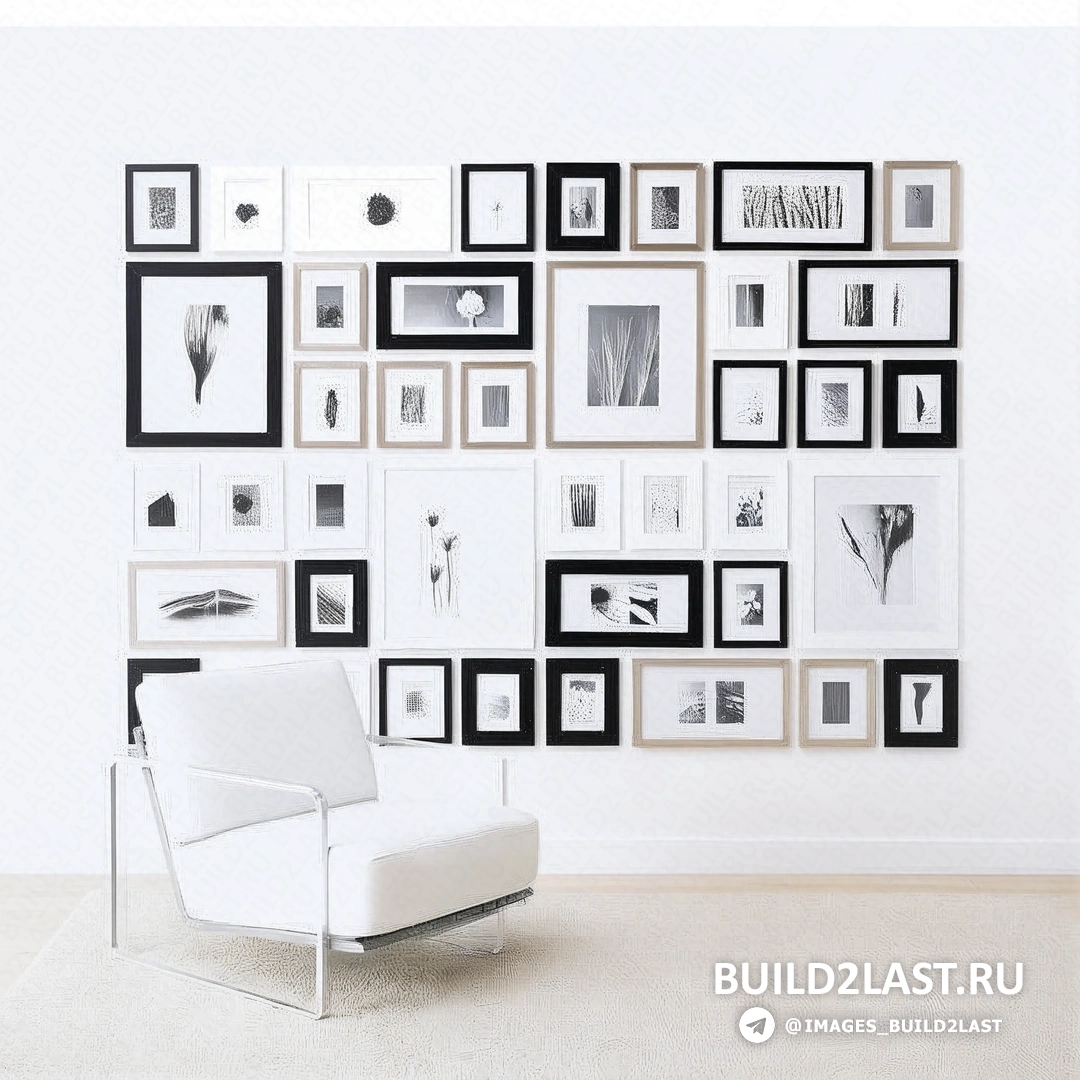 Минималистичные черные фоторамки на белой стене, создающие строгий акцент