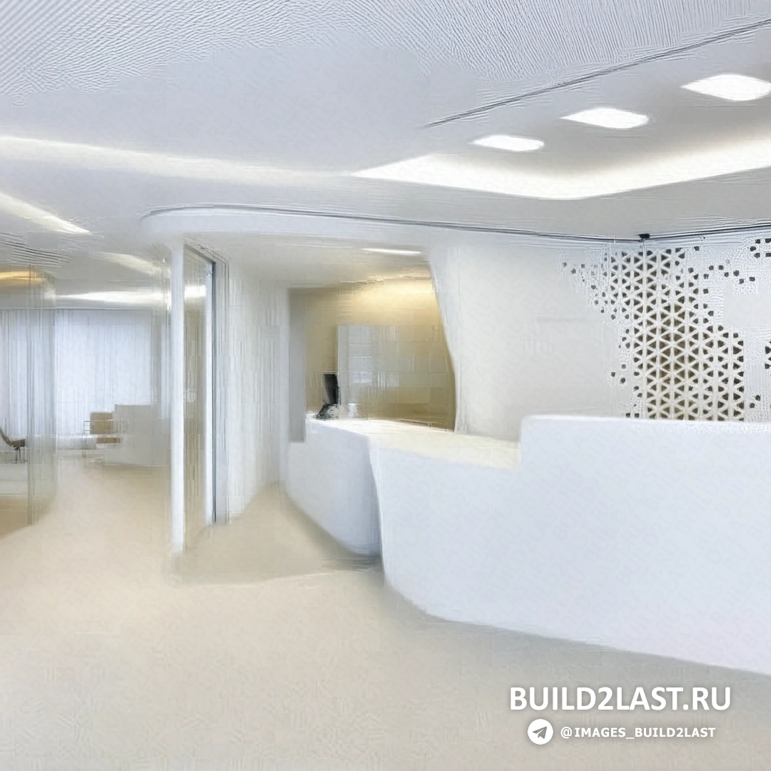 Офис с современным дизайном, просторное рабочее пространство с минималистичными элементами