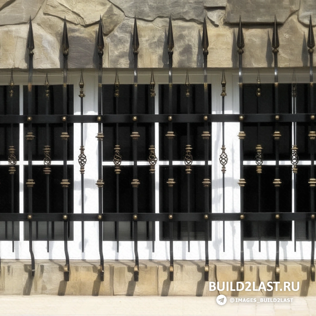 Окно с коваными решетками и элементами из дикого или искусственного камня