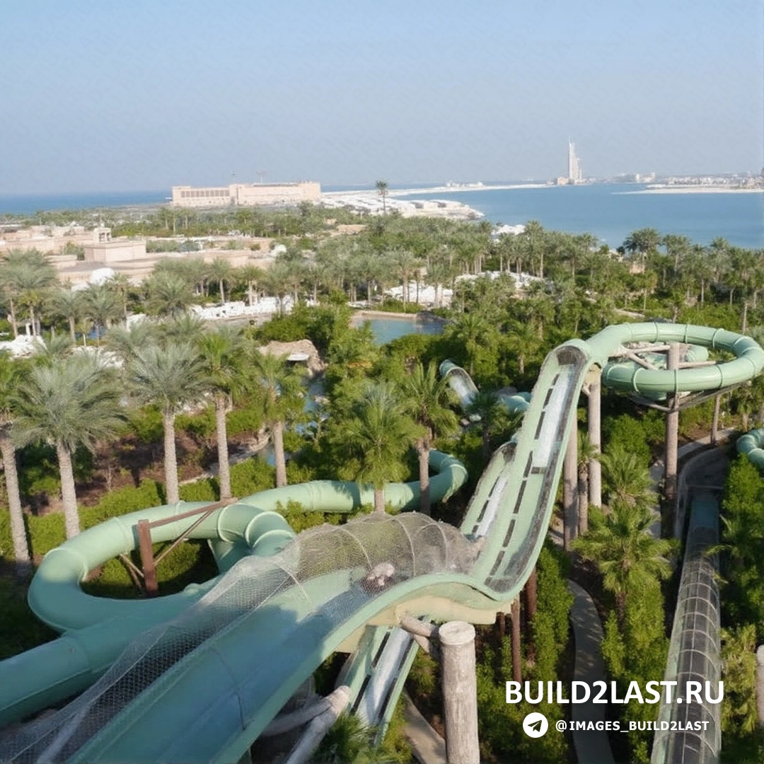 Панорамный вид на аквапарк Wild Wadi в Дубае, ОАЭ, с водными горками.