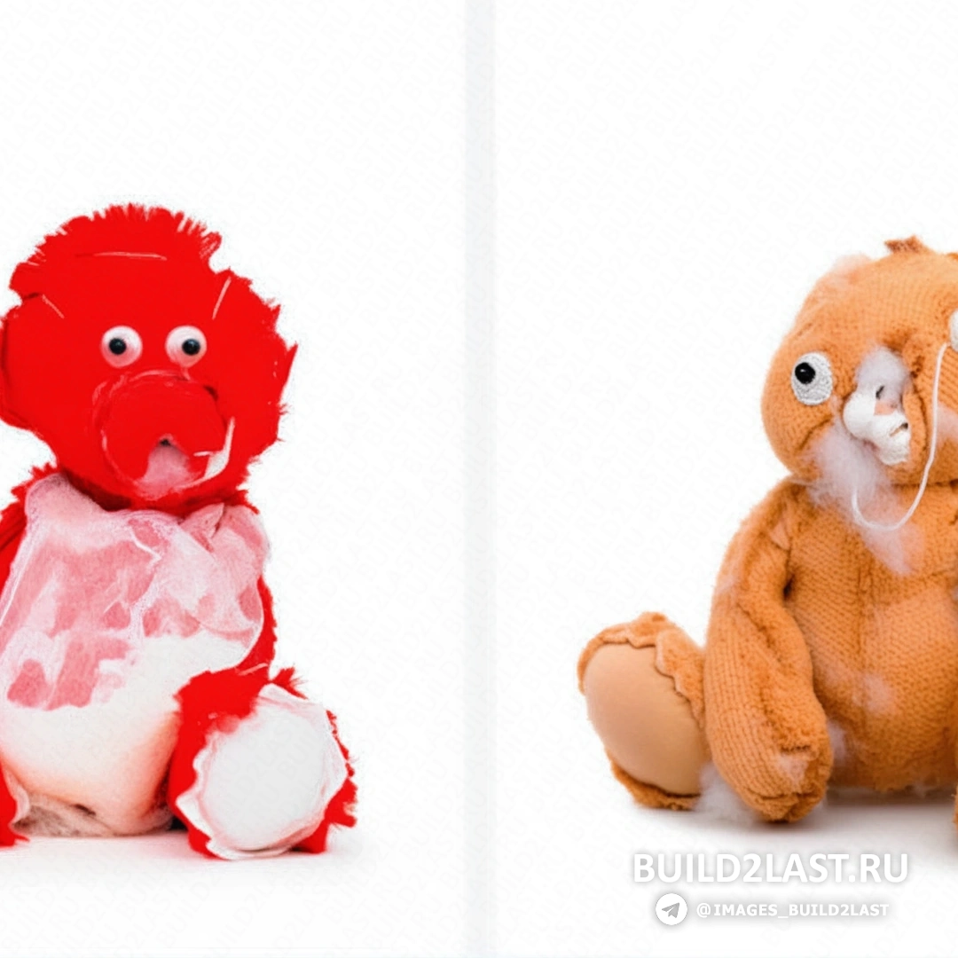 Плюшевый медвежонок, вывернутый наизнанку, сидит в абстрактном пространстве с геометрическими фигурами