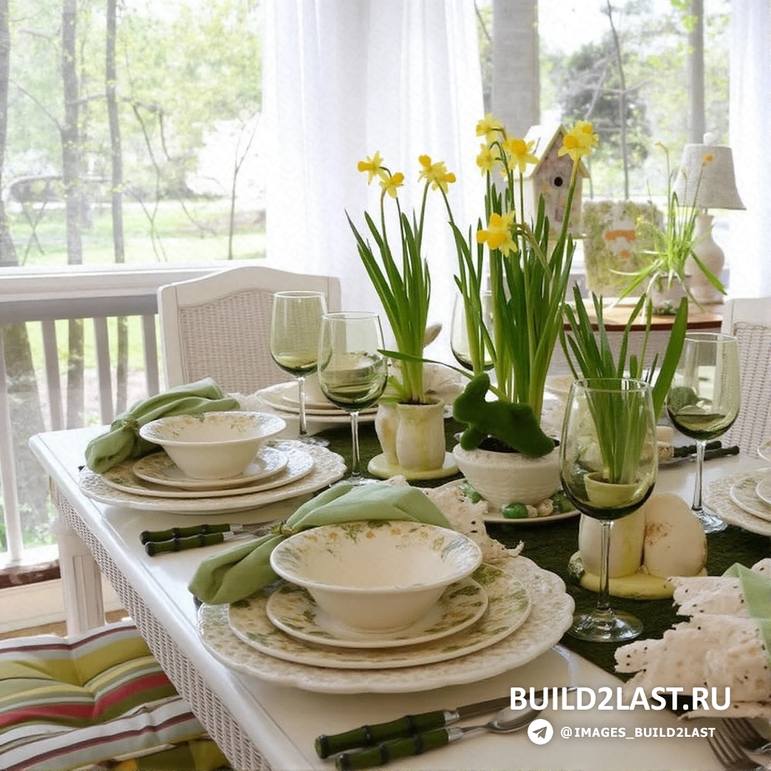 Праздничная сервировка стола в пастельных тонах, включая белый и салатовый, в стиле Прованс, идеальна для весеннего стола в марте и апреле