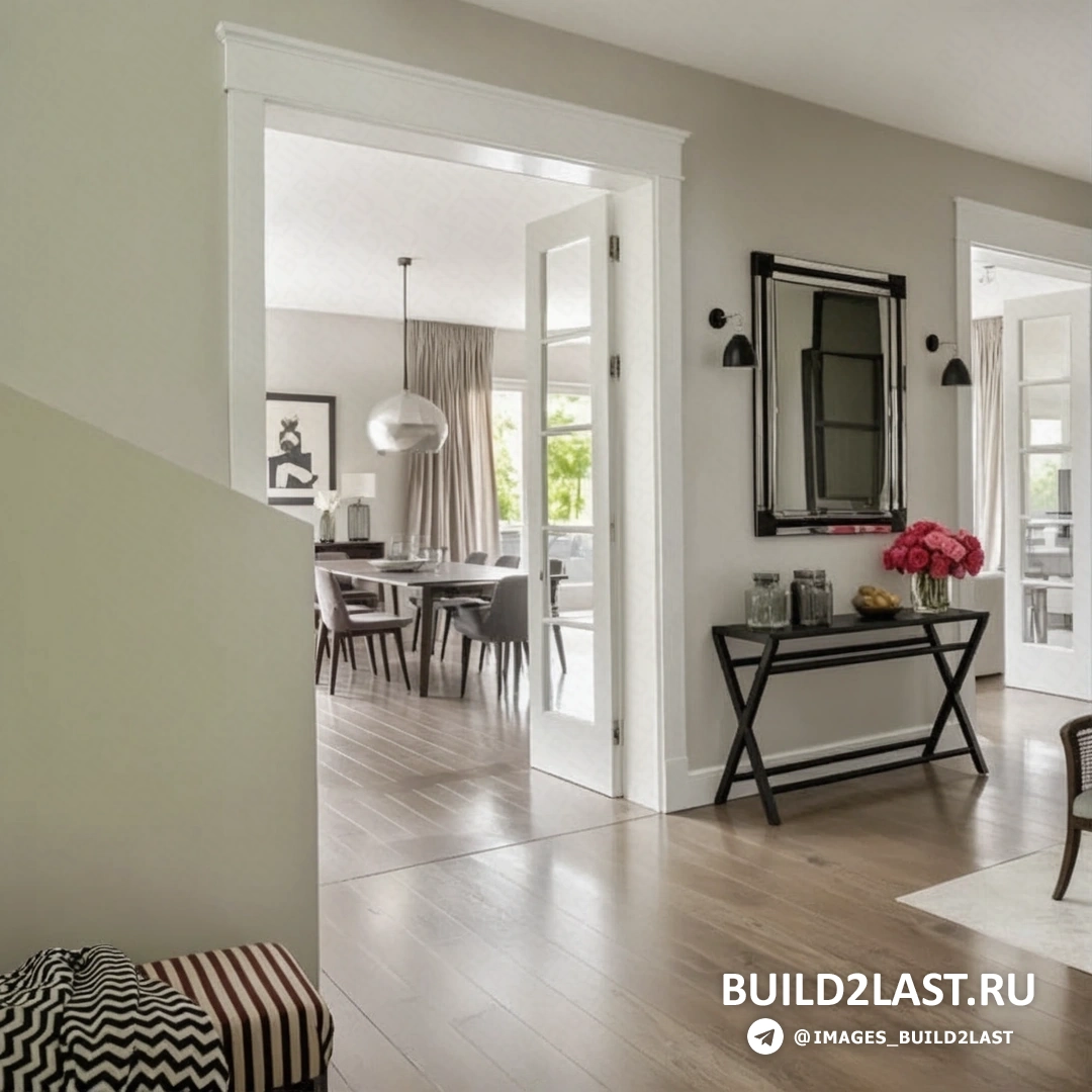 Прихожая с лестницей, столом и дизайнерскими люстрами, светлые оттенки и стильный декор.