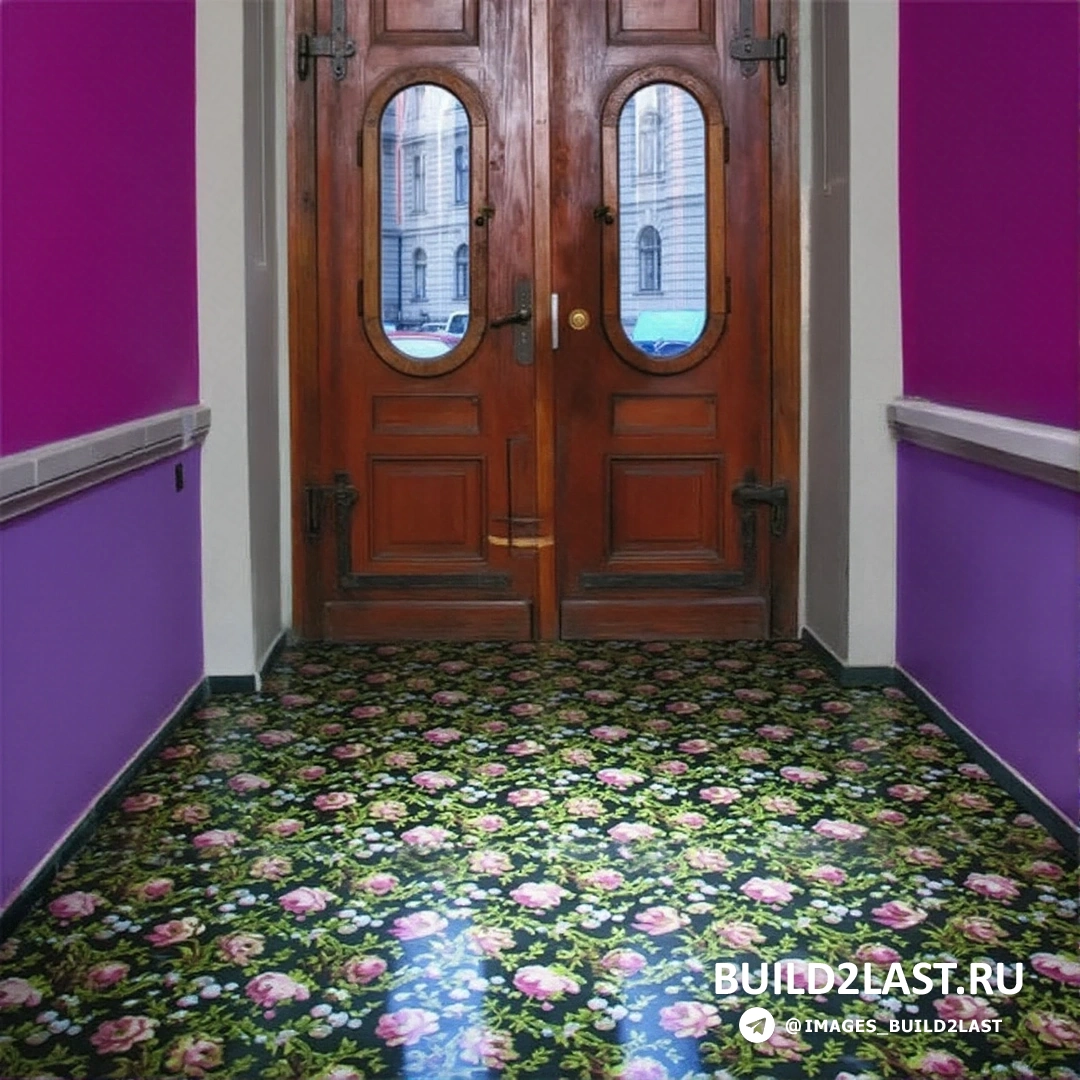 Прихожая с наливными полами в зеленом, малиновом, розовом и сиреневом оттенках, украшенная цветочным рисунком и черными элементами