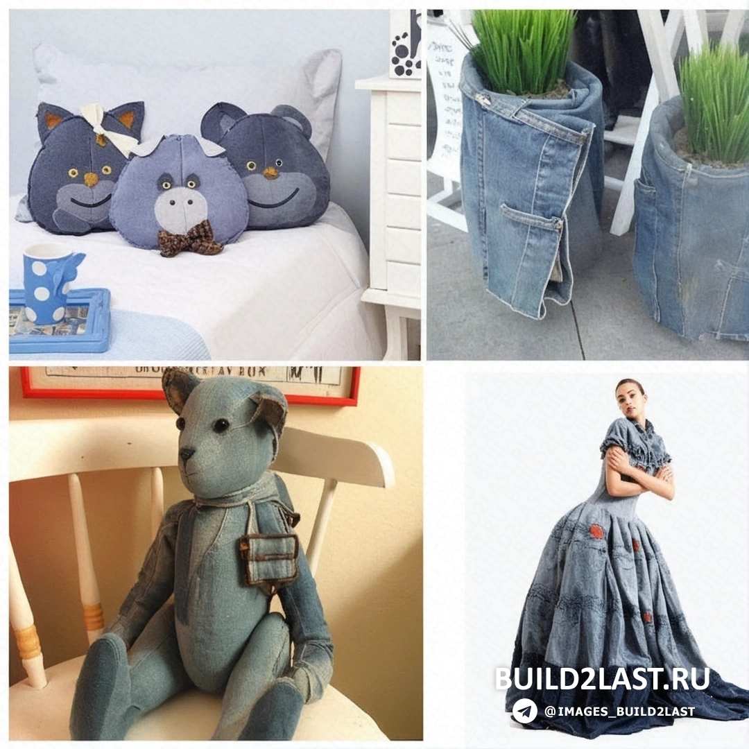 Синие джинсовые изделия: декоративные подушки, кашпо и детские игрушки в стиле хэнд-мэйд