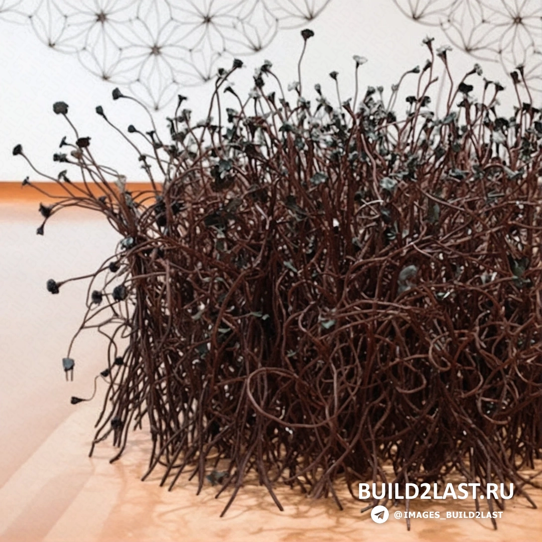 Скульптура из гвоздей в виде структуры с резкими углами и глубокими впадинами