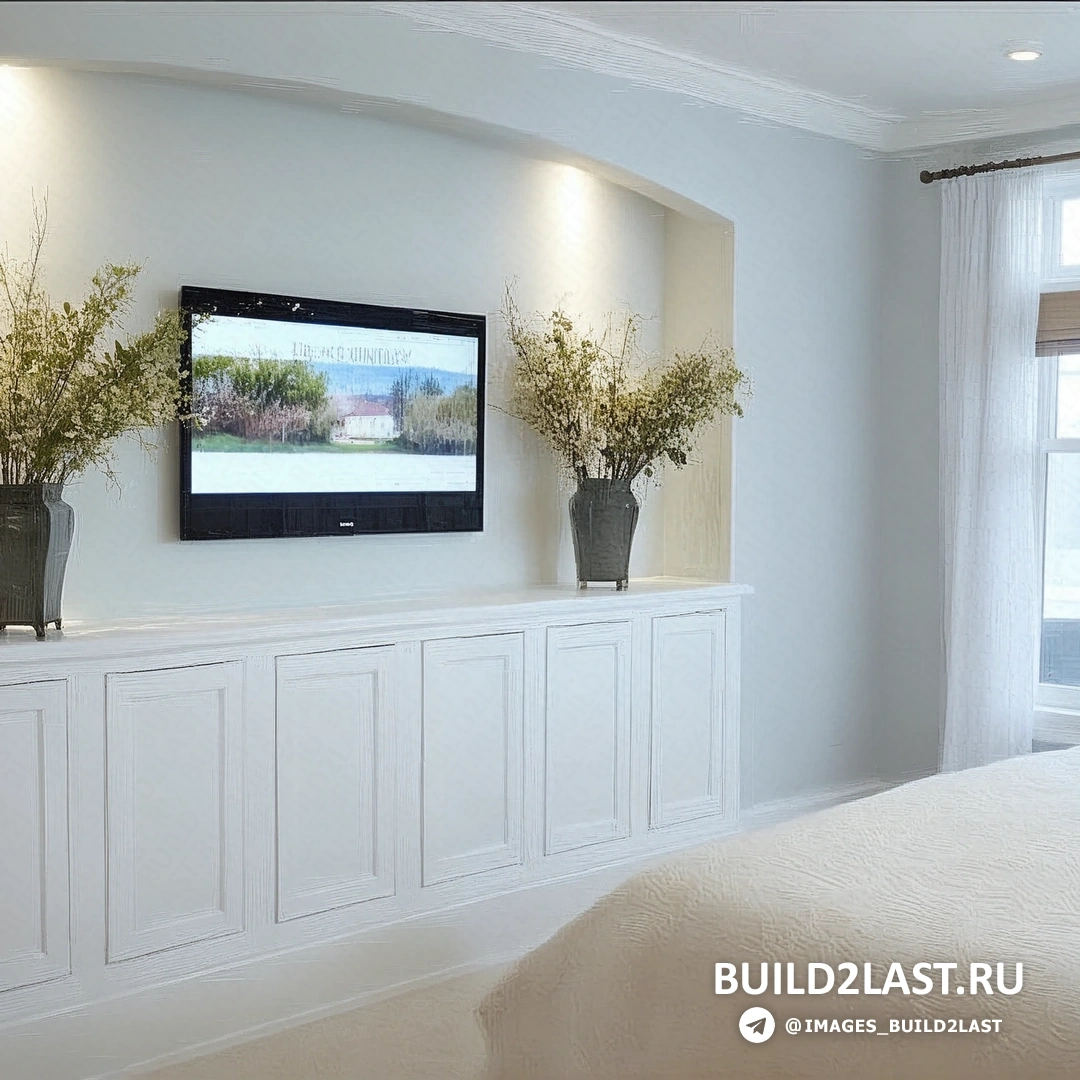 Спальня с кроватью, шкафом, полками и настольными лампами