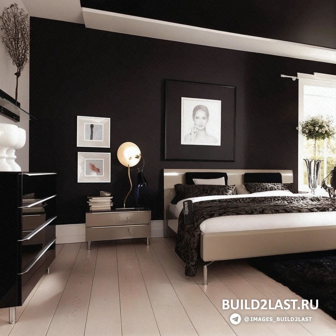 Спальня с темными стенами, кроватью, диваном и декоративными элементами, оформленная в светлых тонах.