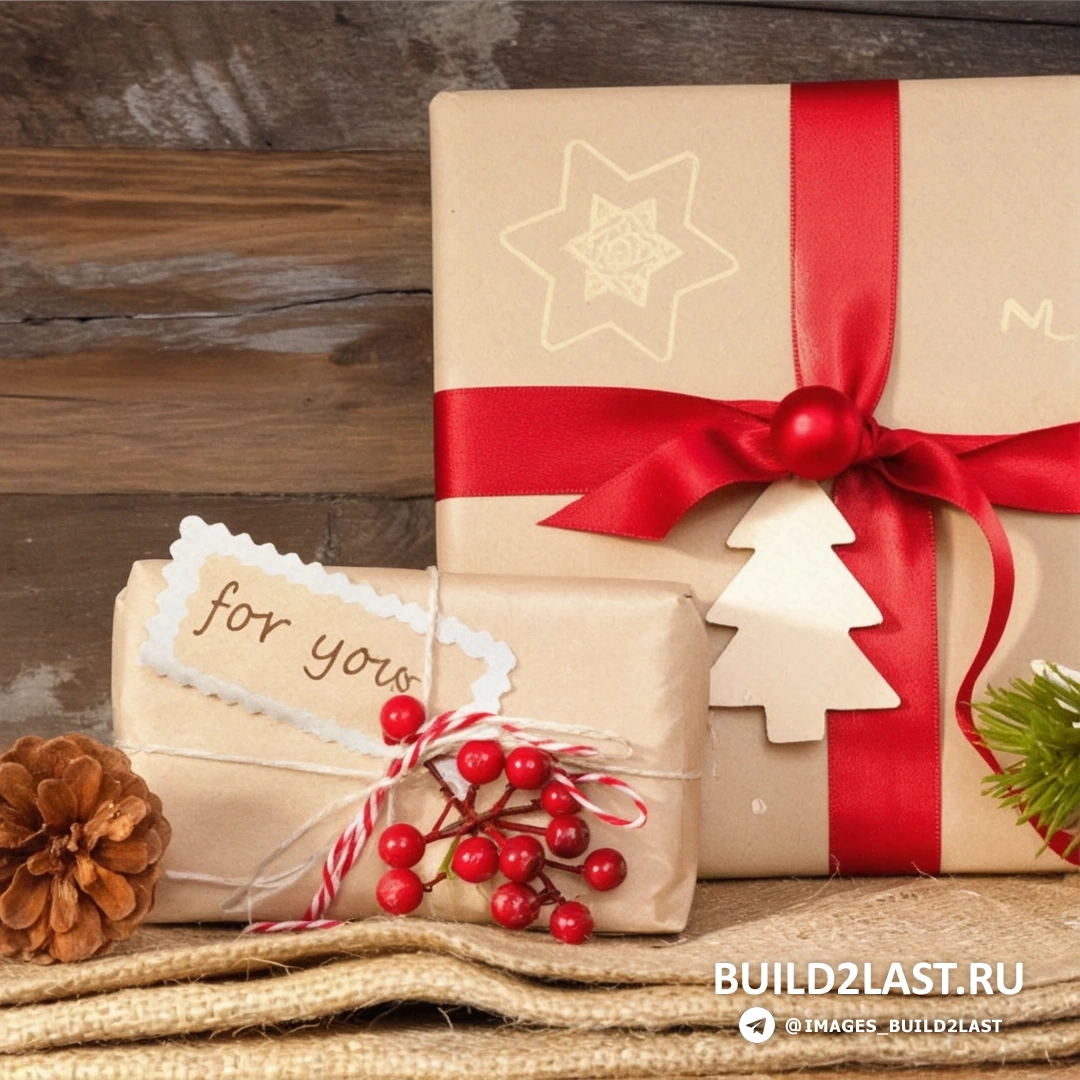 Упакованный новогодний подарок в красной и бежевой упаковке с элементами хэнд-мэйд дизайна, украшенный лентами и рождественскими мотивами.