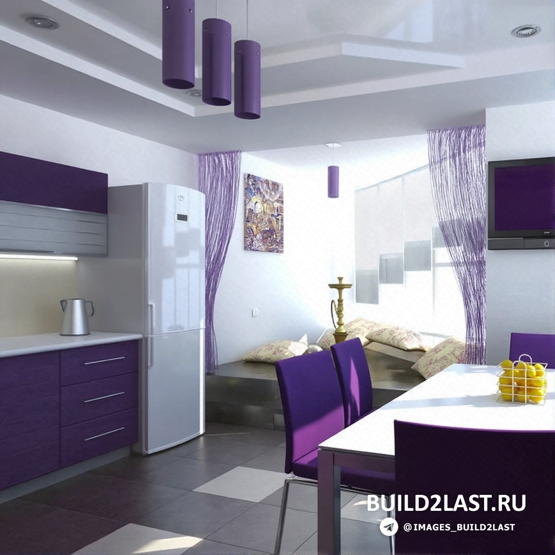 Уютный уголок в фиолетовых тонах с креслом и низким столиком