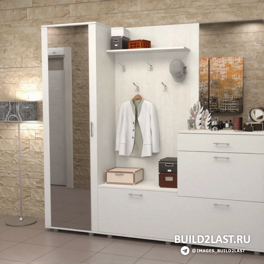 Японская прихожая с белыми стенами, стеклянными дверями, полками и пуфом, с элементами светлого дерева.