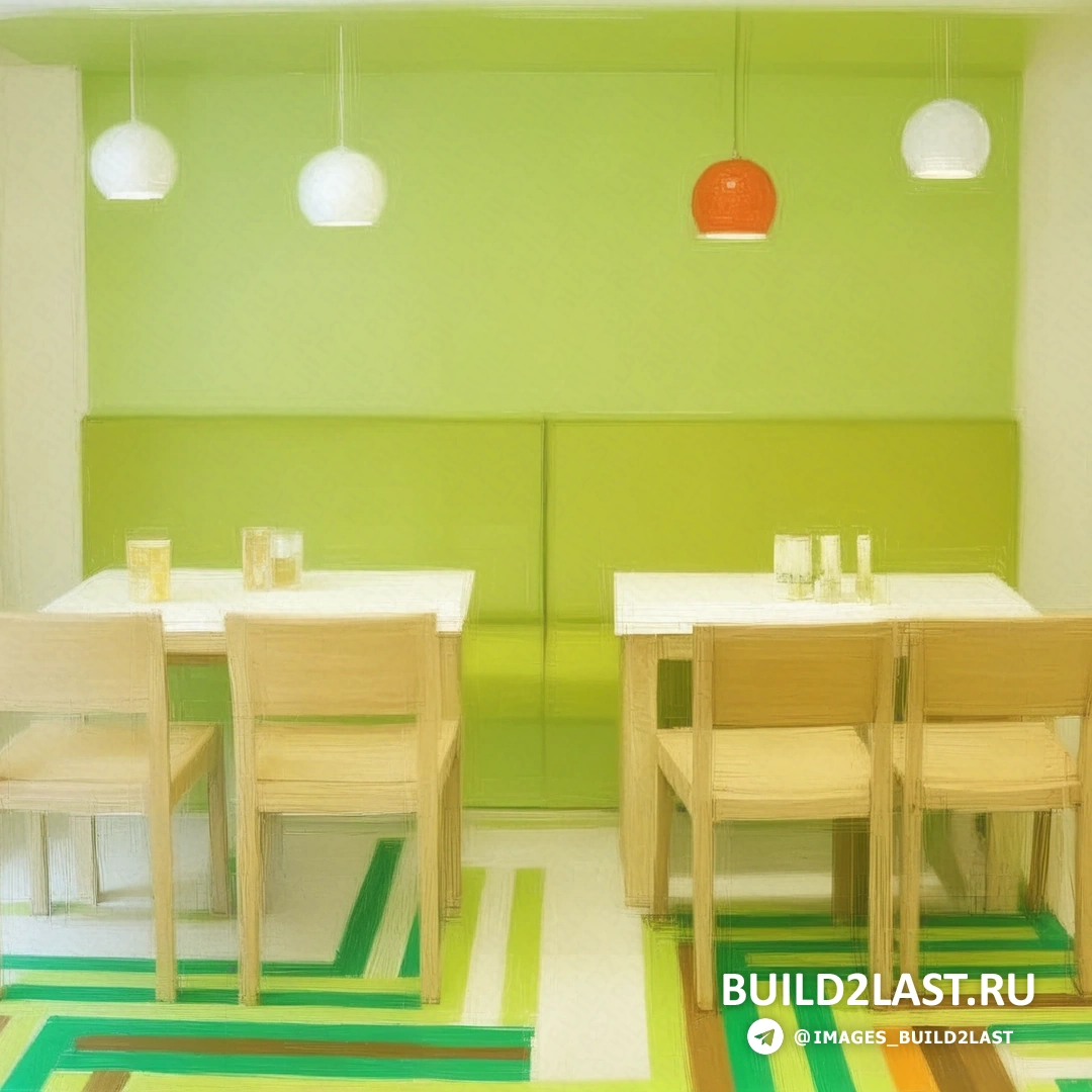 Яркий интерьер мексиканского ресторана с разноцветными стенами, деревянной мебелью и декоративными элементами