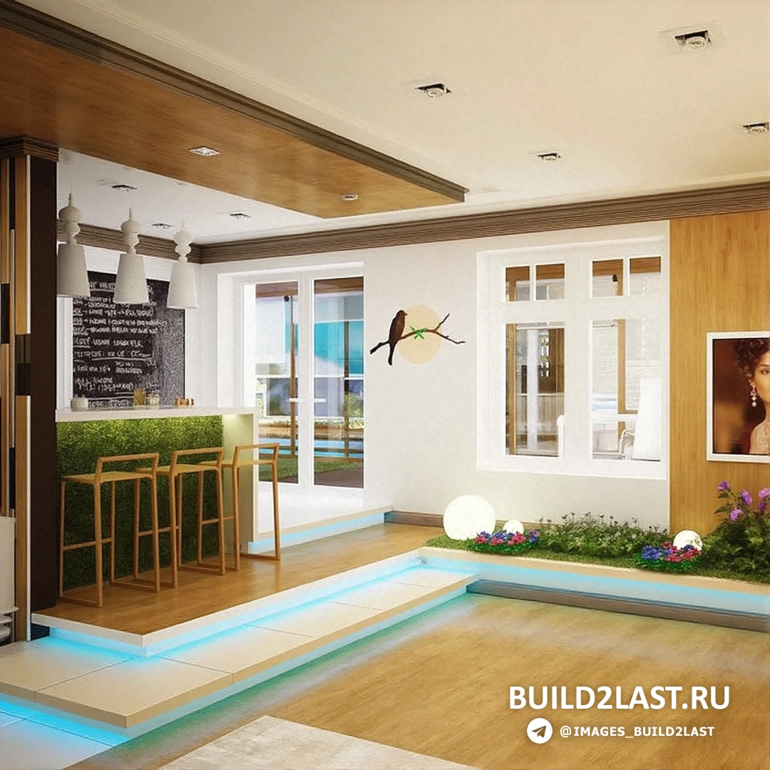 Зеленая трава и вертикальное озеленение в гостиной и коридоре в эко-стиле.