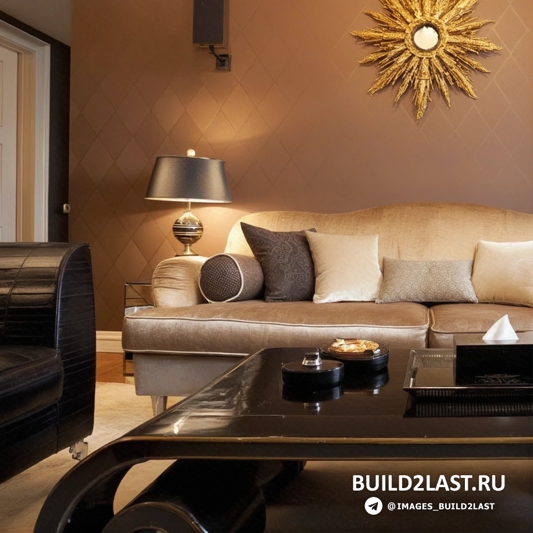 Золотая отделка на мебели в гостиной, придающая изысканность интерьеру